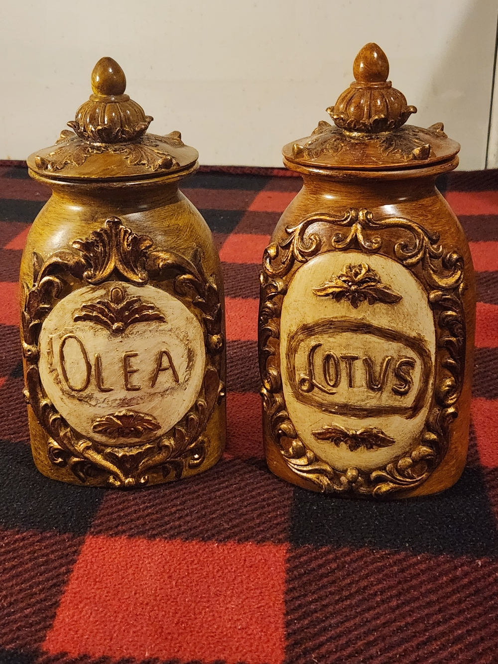 Decorative Olive & Lotus Ceramic Canisters - Gold/Brown Accent